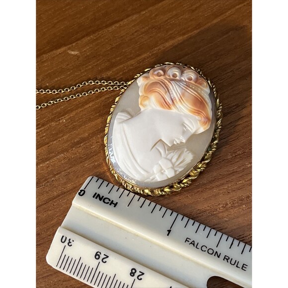 Antique MARBRO 12k GF Carved Shell Cameo Brooch Pendant twisted Rope Border 18”c - Picture 8 of 12